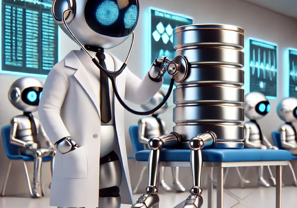 DALL·E 2025-06-05 23.34.48 - A sleek, futuristic autonomous robot in a white doctor's coat is performing a data health check using a stethoscope. The robot is shiny and polished,